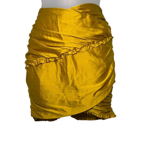 For Love & Lemons Alia Yellow Satin Ruched Ruffle Mini Skirt Small NWT - Picture 2 of 6